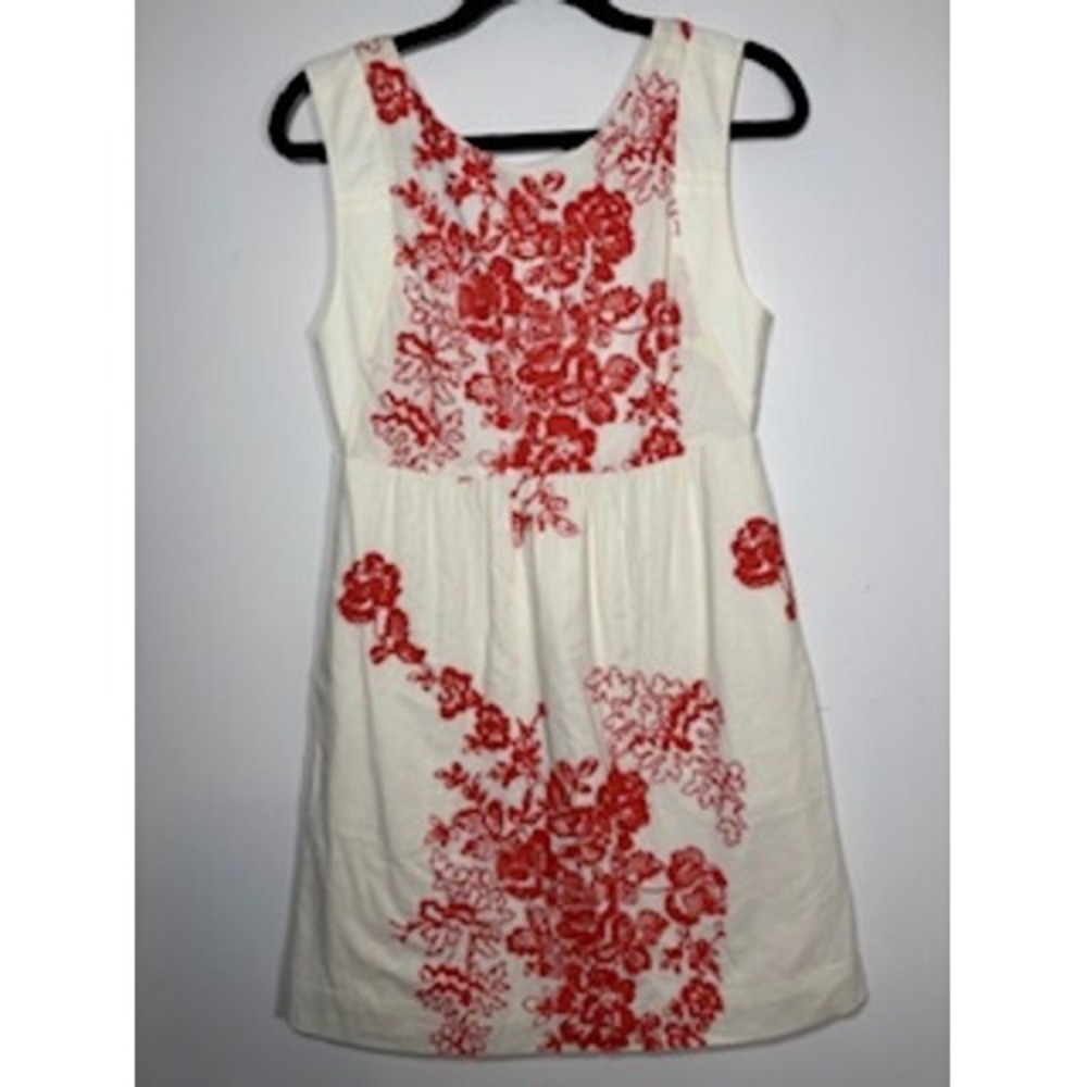J.Crew Dress Cream Red Floral Embroidered Sleeveless Scoop Neck Preppy Size 4
